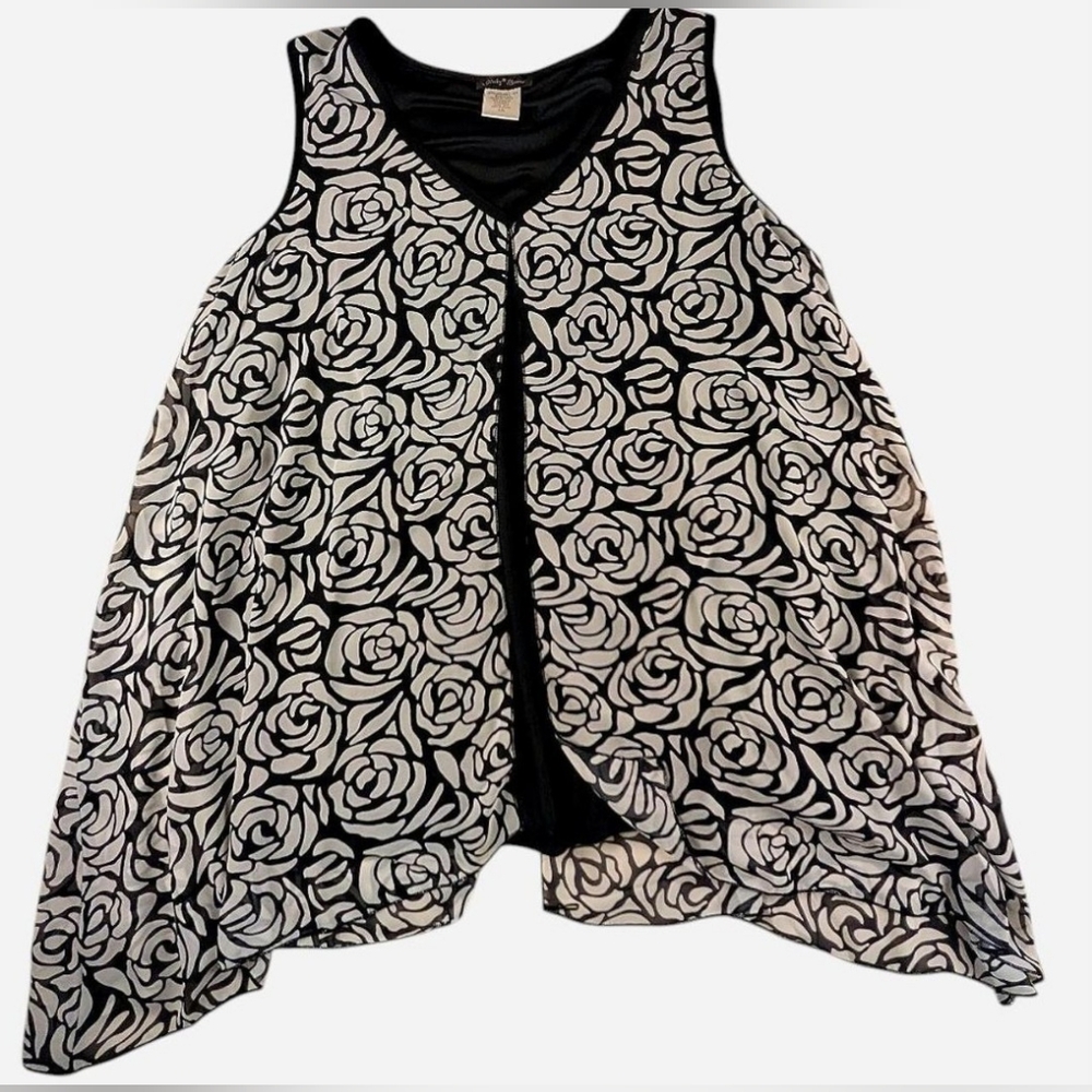 Slinky Brand black sleeveless top white floral chiffon split front and back 3xl